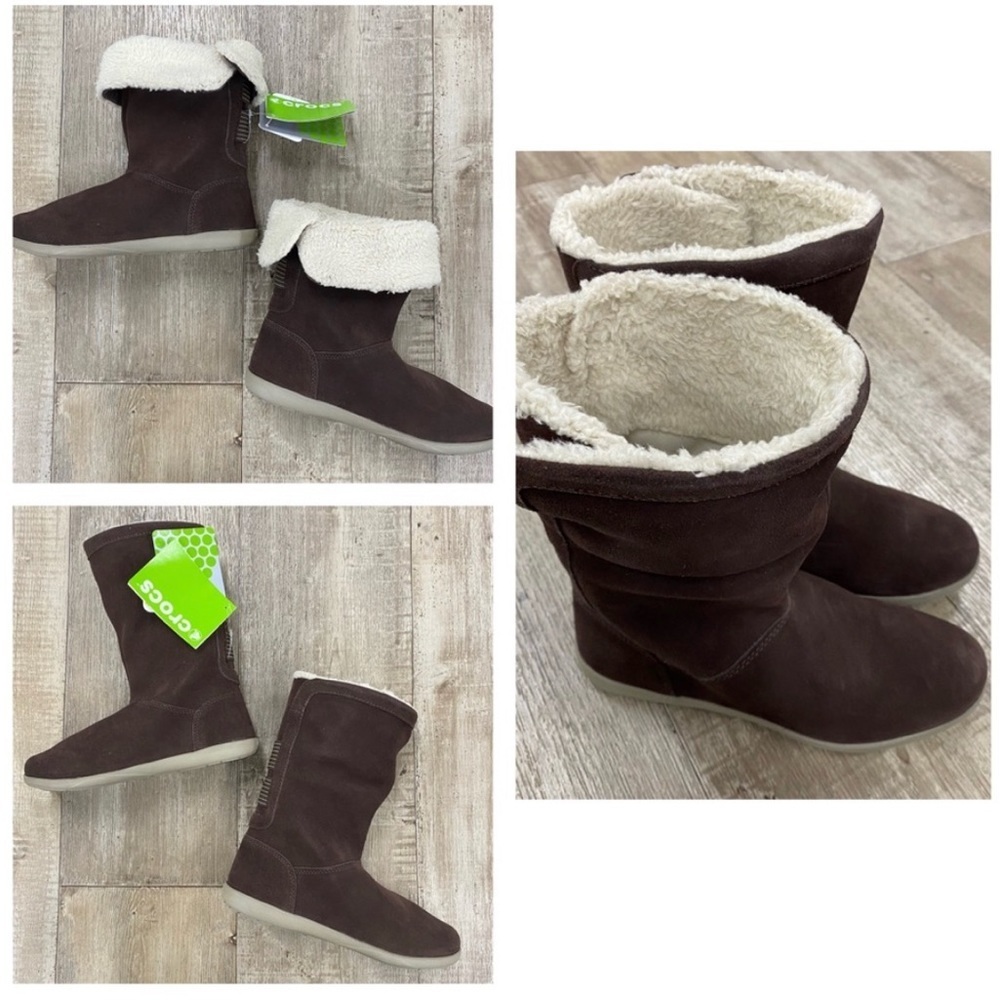 CROCS Adela mahogany khaki brown suede and ivory sherpa fold over boots 5 NIB